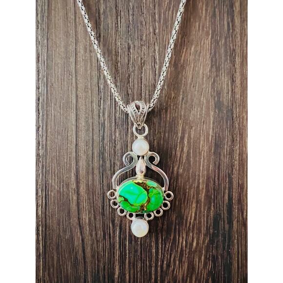 Vintage Sterling Silver Mojave Turquoise & Pearl Pendant 925 Boho 7g Green - Picture 9 of 10